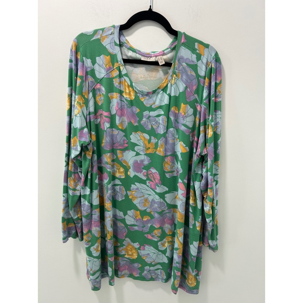 LOGO Lori Goldstein Womens 2X Green Floral Scoop Neck Tunic Top with Pockets